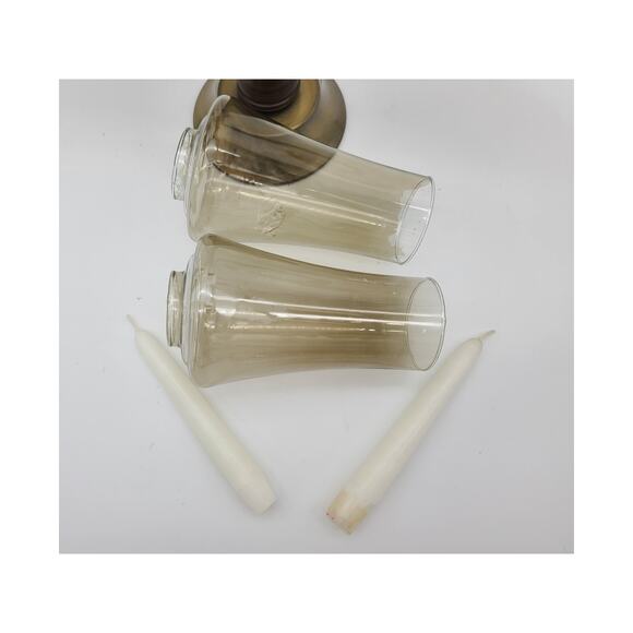 Vintage Mid Century Brass & Wood Double Arm Candle Holder w/Glass Shades - Picture 6 of 10